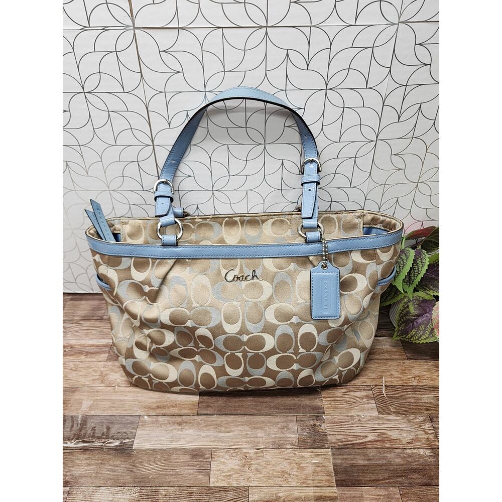 COACH F17676 Gallery East West Signature Tote Brown/Blue Genuine Leather Straps